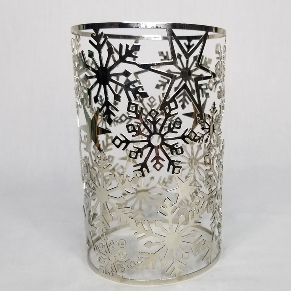 Silver Snowflakes Stars Jar Candle Sleeve Holder Metal 4" x 6.5"H - Picture 2 of 6